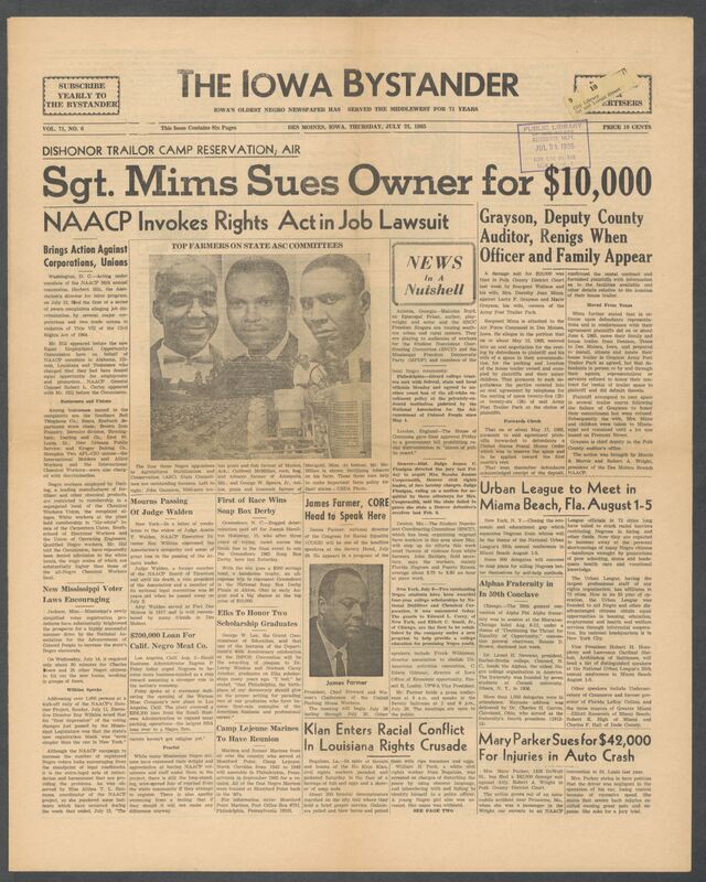 Iowa’s Bystander newspaper (going by various titles throughout the years) was established in Des Moines, Iowa in 1894. The weekly newspaper served as the voice of Iowa’s African American community and covered a variety of local, national, and occasionally international matters. Topics focused on the Black community and was founded with this intent. The newspaper went by various titles throughout the years including: Iowa State Bystander, Iowa Bystander, The Bystander, and The New Iowa Bystander.