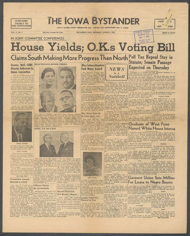 Iowa’s Bystander newspaper (going by various titles throughout the years) was established in Des Moines, Iowa in 1894. The weekly newspaper served as the voice of Iowa’s African American community and covered a variety of local, national, and occasionally international matters. Topics focused on the Black community and was founded with this intent. The newspaper went by various titles throughout the years including: Iowa State Bystander, Iowa Bystander, The Bystander, and The New Iowa Bystander.