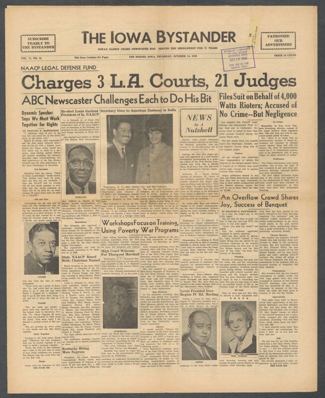 Iowa’s Bystander newspaper (going by various titles throughout the years) was established in Des Moines, Iowa in 1894. The weekly newspaper served as the voice of Iowa’s African American community and covered a variety of local, national, and occasionally international matters. Topics focused on the Black community and was founded with this intent. The newspaper went by various titles throughout the years including: Iowa State Bystander, Iowa Bystander, The Bystander, and The New Iowa Bystander.