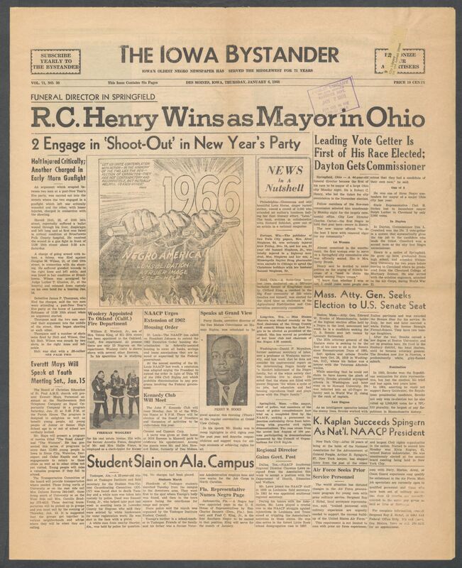 Iowa’s Bystander newspaper (going by various titles throughout the years) was established in Des Moines, Iowa in 1894. The weekly newspaper served as the voice of Iowa’s African American community and covered a variety of local, national, and occasionally international matters. Topics focused on the Black community and was founded with this intent. The newspaper went by various titles throughout the years including: Iowa State Bystander, Iowa Bystander, The Bystander, and The New Iowa Bystander.