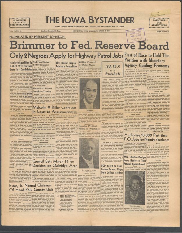 Iowa’s Bystander newspaper (going by various titles throughout the years) was established in Des Moines, Iowa in 1894. The weekly newspaper served as the voice of Iowa’s African American community and covered a variety of local, national, and occasionally international matters. Topics focused on the Black community and was founded with this intent. The newspaper went by various titles throughout the years including: Iowa State Bystander, Iowa Bystander, The Bystander, and The New Iowa Bystander.