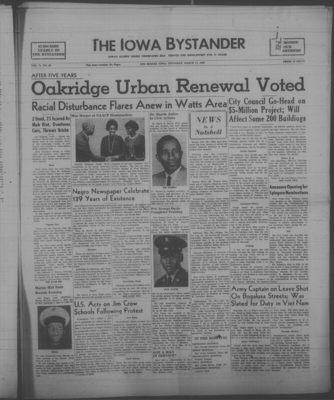 Iowa’s Bystander newspaper (going by various titles throughout the years) was established in Des Moines, Iowa in 1894. The weekly newspaper served as the voice of Iowa’s African American community and covered a variety of local, national, and occasionally international matters. Topics focused on the Black community and was founded with this intent. The newspaper went by various titles throughout the years including: Iowa State Bystander, Iowa Bystander, The Bystander, and The New Iowa Bystander.