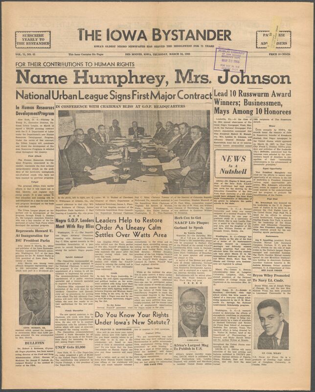 Iowa’s Bystander newspaper (going by various titles throughout the years) was established in Des Moines, Iowa in 1894. The weekly newspaper served as the voice of Iowa’s African American community and covered a variety of local, national, and occasionally international matters. Topics focused on the Black community and was founded with this intent. The newspaper went by various titles throughout the years including: Iowa State Bystander, Iowa Bystander, The Bystander, and The New Iowa Bystander.