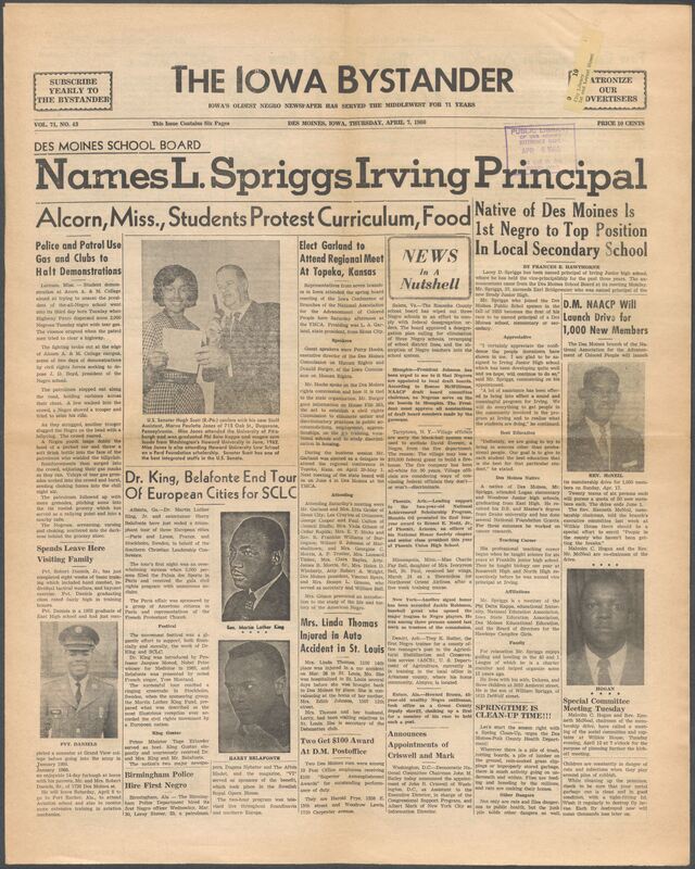Iowa’s Bystander newspaper (going by various titles throughout the years) was established in Des Moines, Iowa in 1894. The weekly newspaper served as the voice of Iowa’s African American community and covered a variety of local, national, and occasionally international matters. Topics focused on the Black community and was founded with this intent. The newspaper went by various titles throughout the years including: Iowa State Bystander, Iowa Bystander, The Bystander, and The New Iowa Bystander.