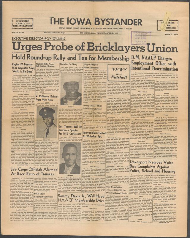 Iowa’s Bystander newspaper (going by various titles throughout the years) was established in Des Moines, Iowa in 1894. The weekly newspaper served as the voice of Iowa’s African American community and covered a variety of local, national, and occasionally international matters. Topics focused on the Black community and was founded with this intent. The newspaper went by various titles throughout the years including: Iowa State Bystander, Iowa Bystander, The Bystander, and The New Iowa Bystander.