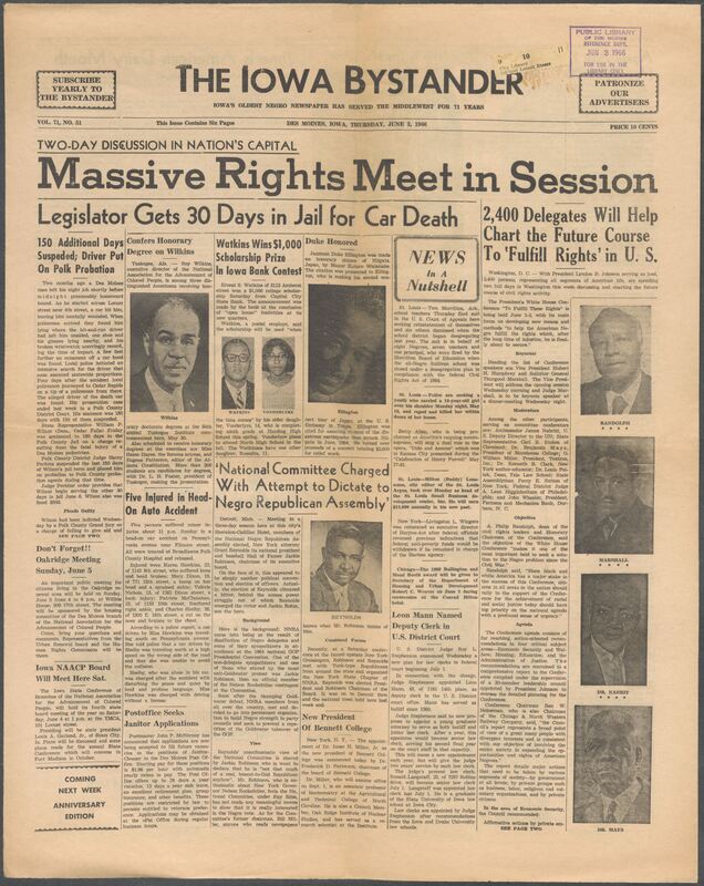 Iowa’s Bystander newspaper (going by various titles throughout the years) was established in Des Moines, Iowa in 1894. The weekly newspaper served as the voice of Iowa’s African American community and covered a variety of local, national, and occasionally international matters. Topics focused on the Black community and was founded with this intent. The newspaper went by various titles throughout the years including: Iowa State Bystander, Iowa Bystander, The Bystander, and The New Iowa Bystander.