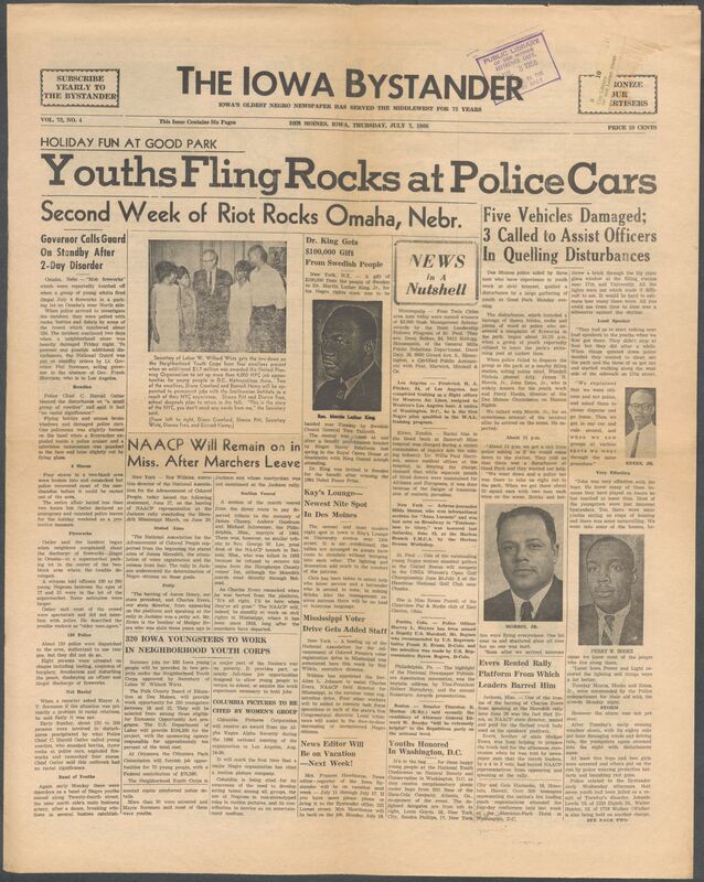 Iowa’s Bystander newspaper (going by various titles throughout the years) was established in Des Moines, Iowa in 1894. The weekly newspaper served as the voice of Iowa’s African American community and covered a variety of local, national, and occasionally international matters. Topics focused on the Black community and was founded with this intent. The newspaper went by various titles throughout the years including: Iowa State Bystander, Iowa Bystander, The Bystander, and The New Iowa Bystander.
