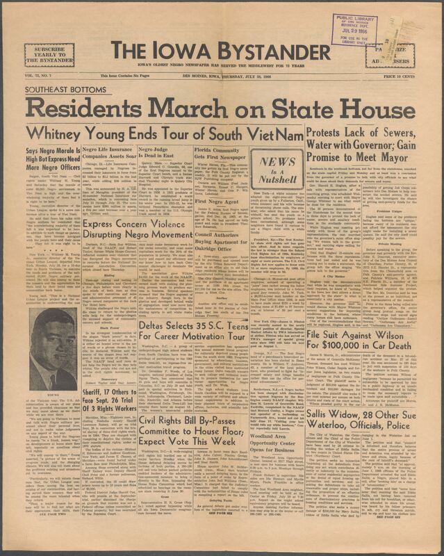Iowa’s Bystander newspaper (going by various titles throughout the years) was established in Des Moines, Iowa in 1894. The weekly newspaper served as the voice of Iowa’s African American community and covered a variety of local, national, and occasionally international matters. Topics focused on the Black community and was founded with this intent. The newspaper went by various titles throughout the years including: Iowa State Bystander, Iowa Bystander, The Bystander, and The New Iowa Bystander.
