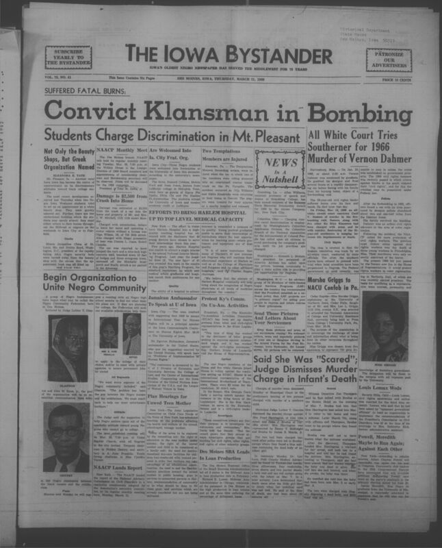 Iowa’s Bystander newspaper (going by various titles throughout the years) was established in Des Moines, Iowa in 1894. The weekly newspaper served as the voice of Iowa’s African American community and covered a variety of local, national, and occasionally international matters. Topics focused on the Black community and was founded with this intent. The newspaper went by various titles throughout the years including: Iowa State Bystander, Iowa Bystander, The Bystander, and The New Iowa Bystander.