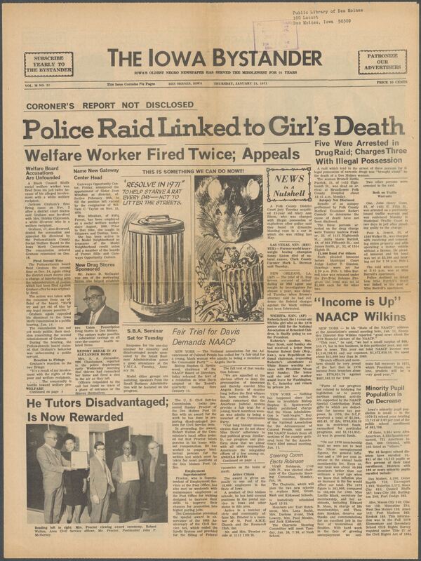 Iowa’s Bystander newspaper (going by various titles throughout the years) was established in Des Moines, Iowa in 1894. The weekly newspaper served as the voice of Iowa’s African American community and covered a variety of local, national, and occasionally international matters. Topics focused on the Black community and was founded with this intent. The newspaper went by various titles throughout the years including: Iowa State Bystander, Iowa Bystander, The Bystander, and The New Iowa Bystander.