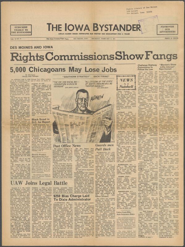 Iowa’s Bystander newspaper (going by various titles throughout the years) was established in Des Moines, Iowa in 1894. The weekly newspaper served as the voice of Iowa’s African American community and covered a variety of local, national, and occasionally international matters. Topics focused on the Black community and was founded with this intent. The newspaper went by various titles throughout the years including: Iowa State Bystander, Iowa Bystander, The Bystander, and The New Iowa Bystander.