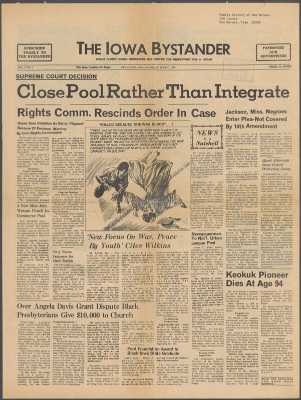 Iowa’s Bystander newspaper (going by various titles throughout the years) was established in Des Moines, Iowa in 1894. The weekly newspaper served as the voice of Iowa’s African American community and covered a variety of local, national, and occasionally international matters. Topics focused on the Black community and was founded with this intent. The newspaper went by various titles throughout the years including: Iowa State Bystander, Iowa Bystander, The Bystander, and The New Iowa Bystander.