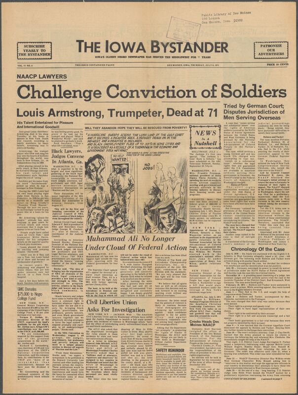 Iowa’s Bystander newspaper (going by various titles throughout the years) was established in Des Moines, Iowa in 1894. The weekly newspaper served as the voice of Iowa’s African American community and covered a variety of local, national, and occasionally international matters. Topics focused on the Black community and was founded with this intent. The newspaper went by various titles throughout the years including: Iowa State Bystander, Iowa Bystander, The Bystander, and The New Iowa Bystander.