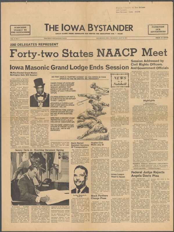 Iowa’s Bystander newspaper (going by various titles throughout the years) was established in Des Moines, Iowa in 1894. The weekly newspaper served as the voice of Iowa’s African American community and covered a variety of local, national, and occasionally international matters. Topics focused on the Black community and was founded with this intent. The newspaper went by various titles throughout the years including: Iowa State Bystander, Iowa Bystander, The Bystander, and The New Iowa Bystander.