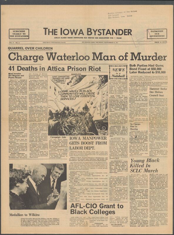 Iowa’s Bystander newspaper (going by various titles throughout the years) was established in Des Moines, Iowa in 1894. The weekly newspaper served as the voice of Iowa’s African American community and covered a variety of local, national, and occasionally international matters. Topics focused on the Black community and was founded with this intent. The newspaper went by various titles throughout the years including: Iowa State Bystander, Iowa Bystander, The Bystander, and The New Iowa Bystander.