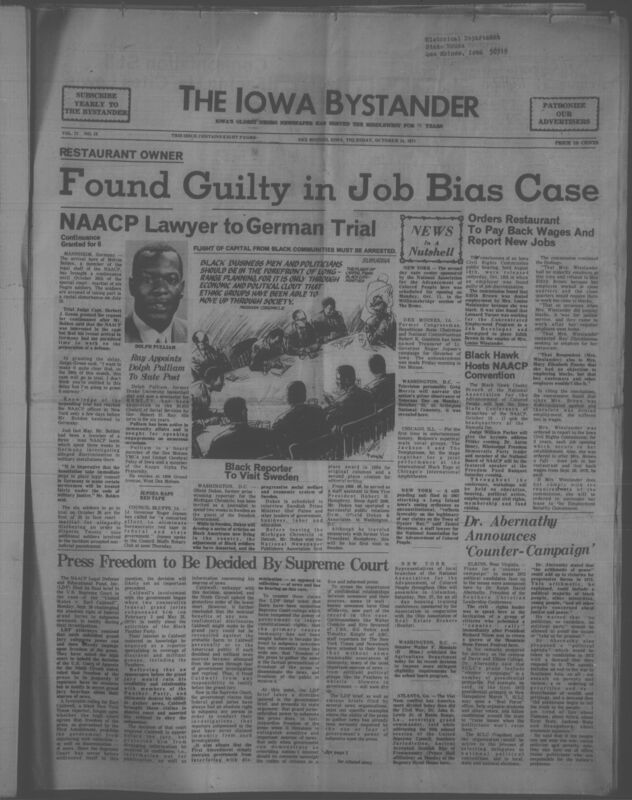 Iowa’s Bystander newspaper (going by various titles throughout the years) was established in Des Moines, Iowa in 1894. The weekly newspaper served as the voice of Iowa’s African American community and covered a variety of local, national, and occasionally international matters. Topics focused on the Black community and was founded with this intent. The newspaper went by various titles throughout the years including: Iowa State Bystander, Iowa Bystander, The Bystander, and The New Iowa Bystander.
