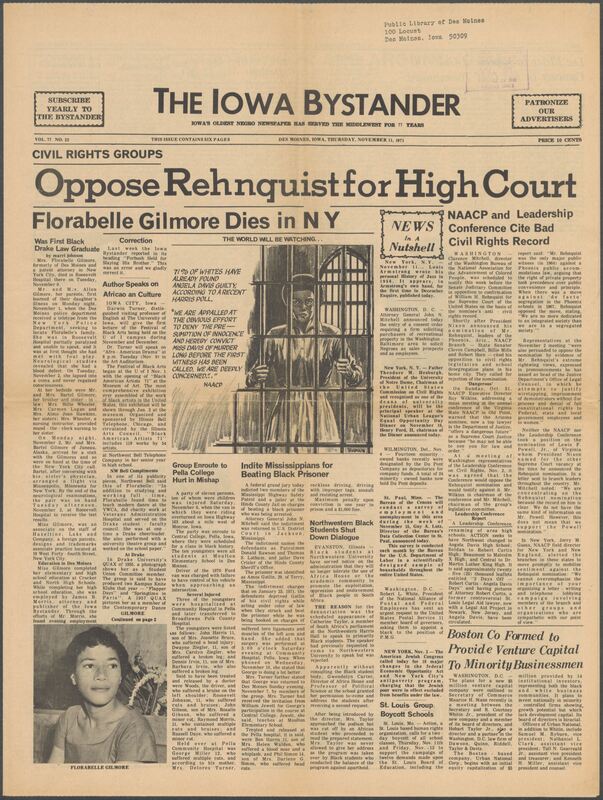 Iowa’s Bystander newspaper (going by various titles throughout the years) was established in Des Moines, Iowa in 1894. The weekly newspaper served as the voice of Iowa’s African American community and covered a variety of local, national, and occasionally international matters. Topics focused on the Black community and was founded with this intent. The newspaper went by various titles throughout the years including: Iowa State Bystander, Iowa Bystander, The Bystander, and The New Iowa Bystander.