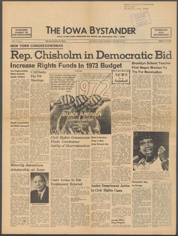 Iowa’s Bystander newspaper (going by various titles throughout the years) was established in Des Moines, Iowa in 1894. The weekly newspaper served as the voice of Iowa’s African American community and covered a variety of local, national, and occasionally international matters. Topics focused on the Black community and was founded with this intent. The newspaper went by various titles throughout the years including: Iowa State Bystander, Iowa Bystander, The Bystander, and The New Iowa Bystander.