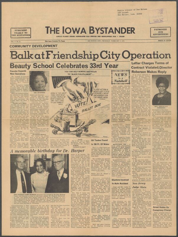 Iowa’s Bystander newspaper (going by various titles throughout the years) was established in Des Moines, Iowa in 1894. The weekly newspaper served as the voice of Iowa’s African American community and covered a variety of local, national, and occasionally international matters. Topics focused on the Black community and was founded with this intent. The newspaper went by various titles throughout the years including: Iowa State Bystander, Iowa Bystander, The Bystander, and The New Iowa Bystander.