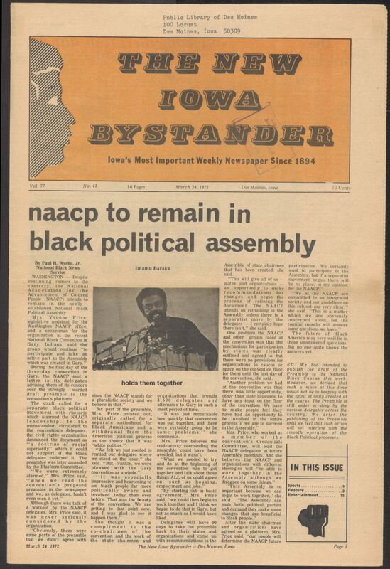 Iowa’s Bystander newspaper (going by various titles throughout the years) was established in Des Moines, Iowa in 1894. The weekly newspaper served as the voice of Iowa’s African American community and covered a variety of local, national, and occasionally international matters. Topics focused on the Black community and was founded with this intent. The newspaper went by various titles throughout the years including: Iowa State Bystander, Iowa Bystander, The Bystander, and The New Iowa Bystander.