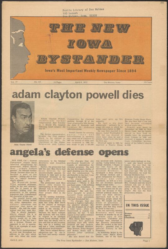Iowa’s Bystander newspaper (going by various titles throughout the years) was established in Des Moines, Iowa in 1894. The weekly newspaper served as the voice of Iowa’s African American community and covered a variety of local, national, and occasionally international matters. Topics focused on the Black community and was founded with this intent. The newspaper went by various titles throughout the years including: Iowa State Bystander, Iowa Bystander, The Bystander, and The New Iowa Bystander.