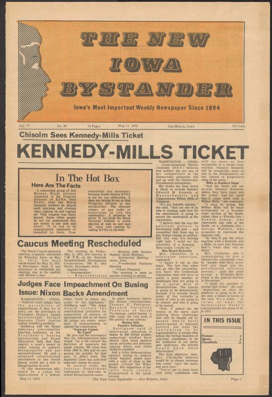 Iowa’s Bystander newspaper (going by various titles throughout the years) was established in Des Moines, Iowa in 1894. The weekly newspaper served as the voice of Iowa’s African American community and covered a variety of local, national, and occasionally international matters. Topics focused on the Black community and was founded with this intent. The newspaper went by various titles throughout the years including: Iowa State Bystander, Iowa Bystander, The Bystander, and The New Iowa Bystander.