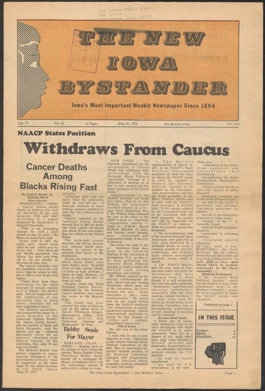 Iowa’s Bystander newspaper (going by various titles throughout the years) was established in Des Moines, Iowa in 1894. The weekly newspaper served as the voice of Iowa’s African American community and covered a variety of local, national, and occasionally international matters. Topics focused on the Black community and was founded with this intent. The newspaper went by various titles throughout the years including: Iowa State Bystander, Iowa Bystander, The Bystander, and The New Iowa Bystander.
