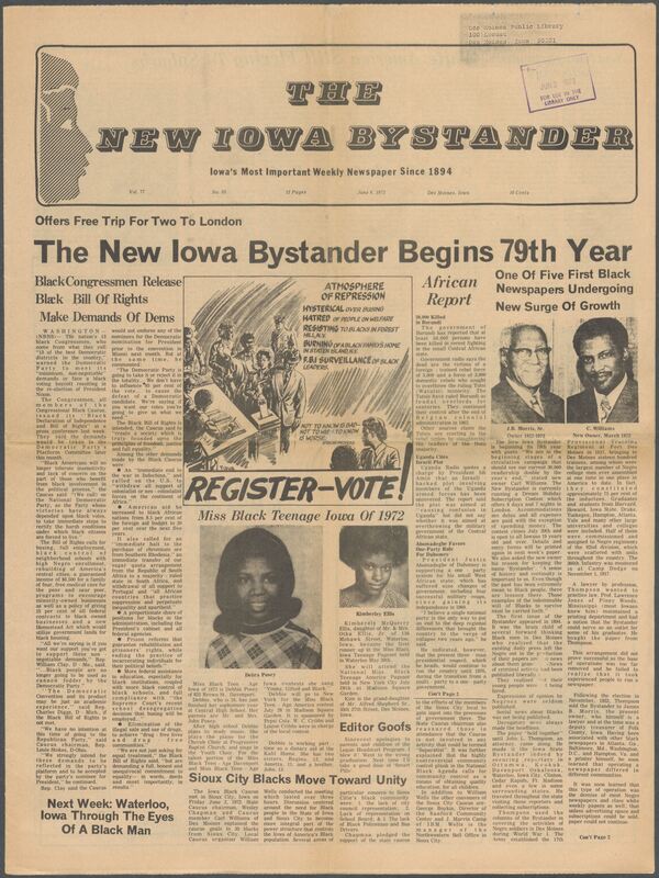Iowa’s Bystander newspaper (going by various titles throughout the years) was established in Des Moines, Iowa in 1894. The weekly newspaper served as the voice of Iowa’s African American community and covered a variety of local, national, and occasionally international matters. Topics focused on the Black community and was founded with this intent. The newspaper went by various titles throughout the years including: Iowa State Bystander, Iowa Bystander, The Bystander, and The New Iowa Bystander.