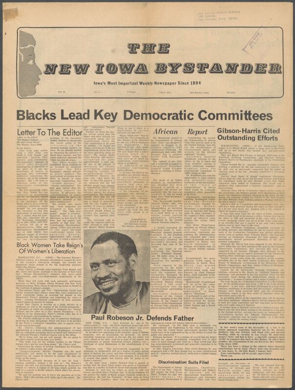 Iowa’s Bystander newspaper (going by various titles throughout the years) was established in Des Moines, Iowa in 1894. The weekly newspaper served as the voice of Iowa’s African American community and covered a variety of local, national, and occasionally international matters. Topics focused on the Black community and was founded with this intent. The newspaper went by various titles throughout the years including: Iowa State Bystander, Iowa Bystander, The Bystander, and The New Iowa Bystander.