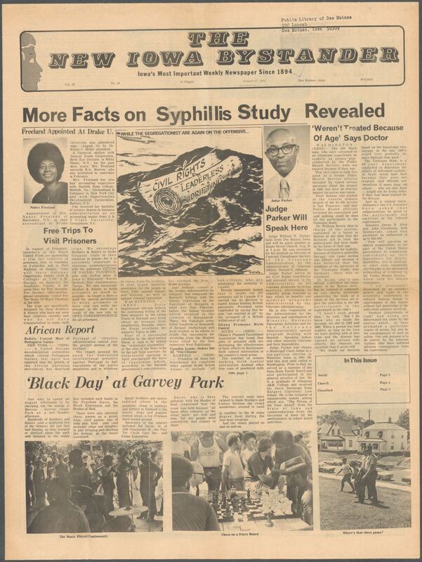 Iowa’s Bystander newspaper (going by various titles throughout the years) was established in Des Moines, Iowa in 1894. The weekly newspaper served as the voice of Iowa’s African American community and covered a variety of local, national, and occasionally international matters. Topics focused on the Black community and was founded with this intent. The newspaper went by various titles throughout the years including: Iowa State Bystander, Iowa Bystander, The Bystander, and The New Iowa Bystander.