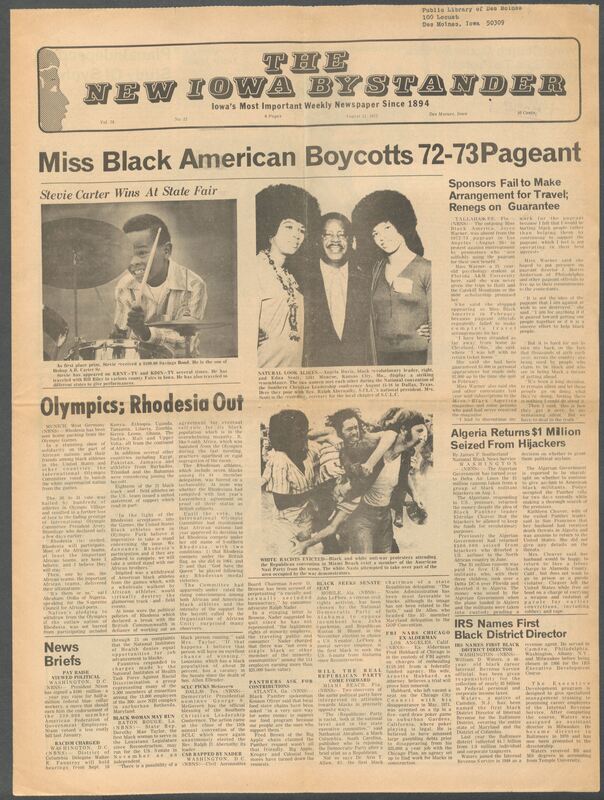 Iowa’s Bystander newspaper (going by various titles throughout the years) was established in Des Moines, Iowa in 1894. The weekly newspaper served as the voice of Iowa’s African American community and covered a variety of local, national, and occasionally international matters. Topics focused on the Black community and was founded with this intent. The newspaper went by various titles throughout the years including: Iowa State Bystander, Iowa Bystander, The Bystander, and The New Iowa Bystander.