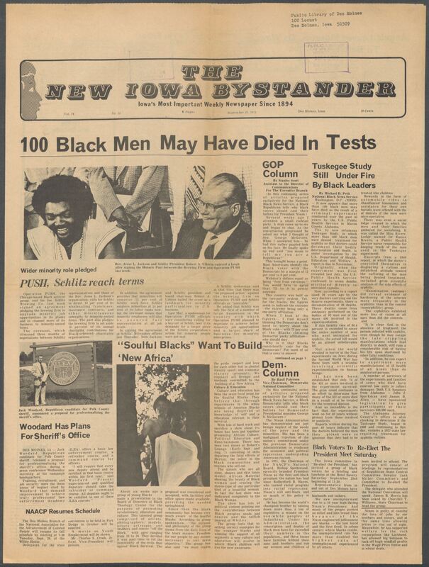 Iowa’s Bystander newspaper (going by various titles throughout the years) was established in Des Moines, Iowa in 1894. The weekly newspaper served as the voice of Iowa’s African American community and covered a variety of local, national, and occasionally international matters. Topics focused on the Black community and was founded with this intent. The newspaper went by various titles throughout the years including: Iowa State Bystander, Iowa Bystander, The Bystander, and The New Iowa Bystander.