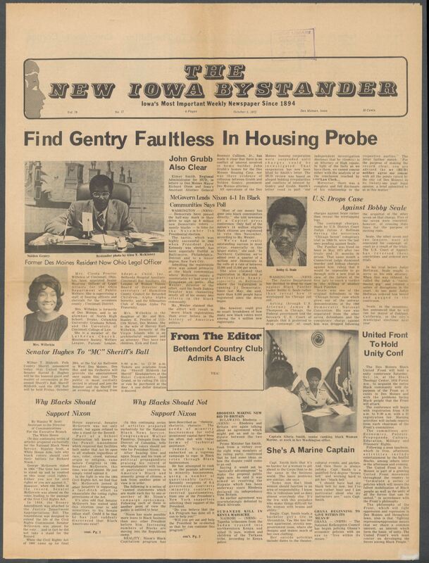 Iowa’s Bystander newspaper (going by various titles throughout the years) was established in Des Moines, Iowa in 1894. The weekly newspaper served as the voice of Iowa’s African American community and covered a variety of local, national, and occasionally international matters. Topics focused on the Black community and was founded with this intent. The newspaper went by various titles throughout the years including: Iowa State Bystander, Iowa Bystander, The Bystander, and The New Iowa Bystander.