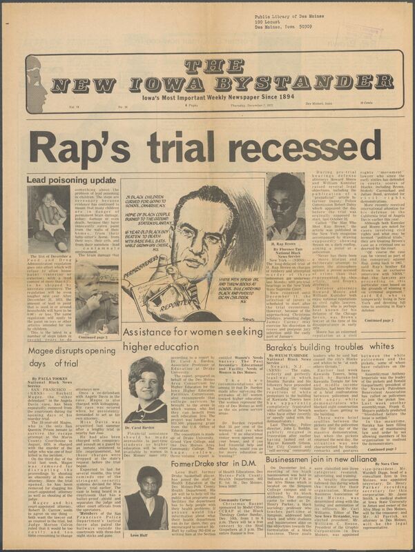Iowa’s Bystander newspaper (going by various titles throughout the years) was established in Des Moines, Iowa in 1894. The weekly newspaper served as the voice of Iowa’s African American community and covered a variety of local, national, and occasionally international matters. Topics focused on the Black community and was founded with this intent. The newspaper went by various titles throughout the years including: Iowa State Bystander, Iowa Bystander, The Bystander, and The New Iowa Bystander.