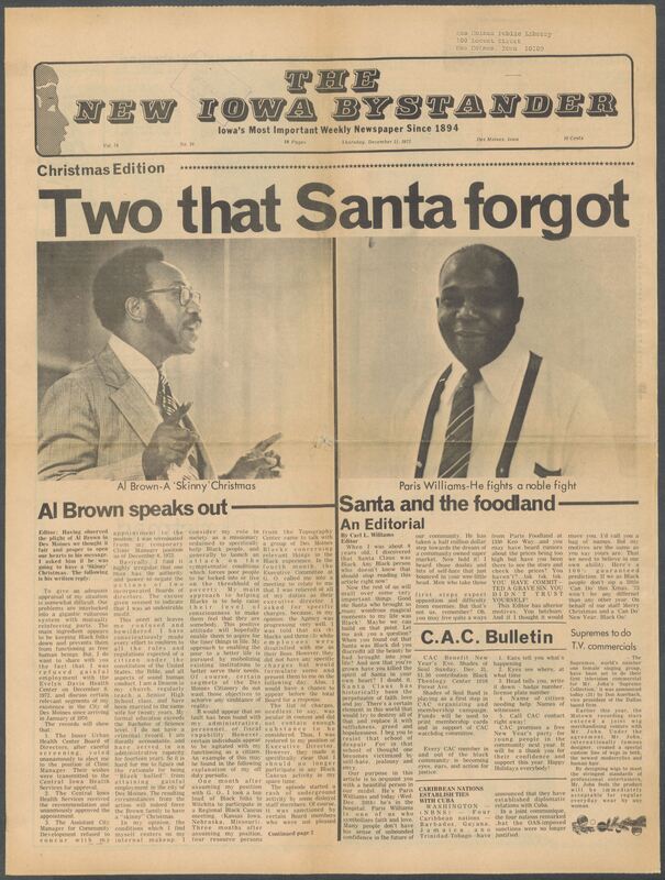 Iowa’s Bystander newspaper (going by various titles throughout the years) was established in Des Moines, Iowa in 1894. The weekly newspaper served as the voice of Iowa’s African American community and covered a variety of local, national, and occasionally international matters. Topics focused on the Black community and was founded with this intent. The newspaper went by various titles throughout the years including: Iowa State Bystander, Iowa Bystander, The Bystander, and The New Iowa Bystander.