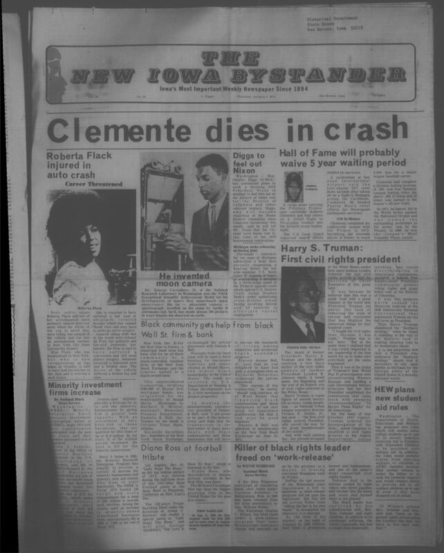 Iowa’s Bystander newspaper (going by various titles throughout the years) was established in Des Moines, Iowa in 1894. The weekly newspaper served as the voice of Iowa’s African American community and covered a variety of local, national, and occasionally international matters. Topics focused on the Black community and was founded with this intent. The newspaper went by various titles throughout the years including: Iowa State Bystander, Iowa Bystander, The Bystander, and The New Iowa Bystander.
