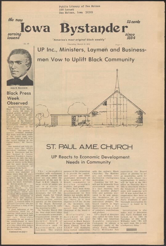 Iowa’s Bystander newspaper (going by various titles throughout the years) was established in Des Moines, Iowa in 1894. The weekly newspaper served as the voice of Iowa’s African American community and covered a variety of local, national, and occasionally international matters. Topics focused on the Black community and was founded with this intent. The newspaper went by various titles throughout the years including: Iowa State Bystander, Iowa Bystander, The Bystander, and The New Iowa Bystander.