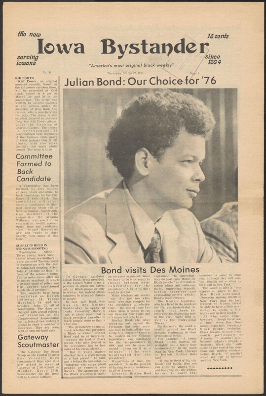 Iowa’s Bystander newspaper (going by various titles throughout the years) was established in Des Moines, Iowa in 1894. The weekly newspaper served as the voice of Iowa’s African American community and covered a variety of local, national, and occasionally international matters. Topics focused on the Black community and was founded with this intent. The newspaper went by various titles throughout the years including: Iowa State Bystander, Iowa Bystander, The Bystander, and The New Iowa Bystander.