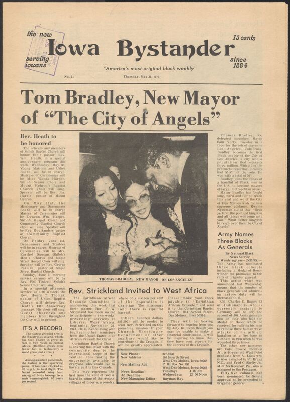 Iowa’s Bystander newspaper (going by various titles throughout the years) was established in Des Moines, Iowa in 1894. The weekly newspaper served as the voice of Iowa’s African American community and covered a variety of local, national, and occasionally international matters. Topics focused on the Black community and was founded with this intent. The newspaper went by various titles throughout the years including: Iowa State Bystander, Iowa Bystander, The Bystander, and The New Iowa Bystander.