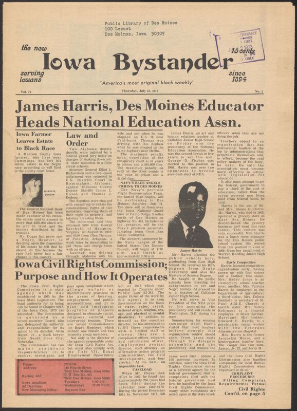 Iowa’s Bystander newspaper (going by various titles throughout the years) was established in Des Moines, Iowa in 1894. The weekly newspaper served as the voice of Iowa’s African American community and covered a variety of local, national, and occasionally international matters. Topics focused on the Black community and was founded with this intent. The newspaper went by various titles throughout the years including: Iowa State Bystander, Iowa Bystander, The Bystander, and The New Iowa Bystander.