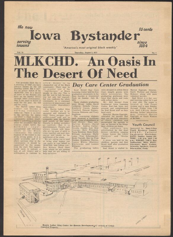 Iowa’s Bystander newspaper (going by various titles throughout the years) was established in Des Moines, Iowa in 1894. The weekly newspaper served as the voice of Iowa’s African American community and covered a variety of local, national, and occasionally international matters. Topics focused on the Black community and was founded with this intent. The newspaper went by various titles throughout the years including: Iowa State Bystander, Iowa Bystander, The Bystander, and The New Iowa Bystander.