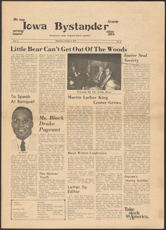 Iowa’s Bystander newspaper (going by various titles throughout the years) was established in Des Moines, Iowa in 1894. The weekly newspaper served as the voice of Iowa’s African American community and covered a variety of local, national, and occasionally international matters. Topics focused on the Black community and was founded with this intent. The newspaper went by various titles throughout the years including: Iowa State Bystander, Iowa Bystander, The Bystander, and The New Iowa Bystander.