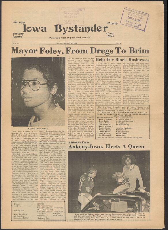 Iowa’s Bystander newspaper (going by various titles throughout the years) was established in Des Moines, Iowa in 1894. The weekly newspaper served as the voice of Iowa’s African American community and covered a variety of local, national, and occasionally international matters. Topics focused on the Black community and was founded with this intent. The newspaper went by various titles throughout the years including: Iowa State Bystander, Iowa Bystander, The Bystander, and The New Iowa Bystander.