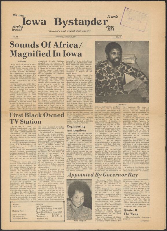 Iowa’s Bystander newspaper (going by various titles throughout the years) was established in Des Moines, Iowa in 1894. The weekly newspaper served as the voice of Iowa’s African American community and covered a variety of local, national, and occasionally international matters. Topics focused on the Black community and was founded with this intent. The newspaper went by various titles throughout the years including: Iowa State Bystander, Iowa Bystander, The Bystander, and The New Iowa Bystander.