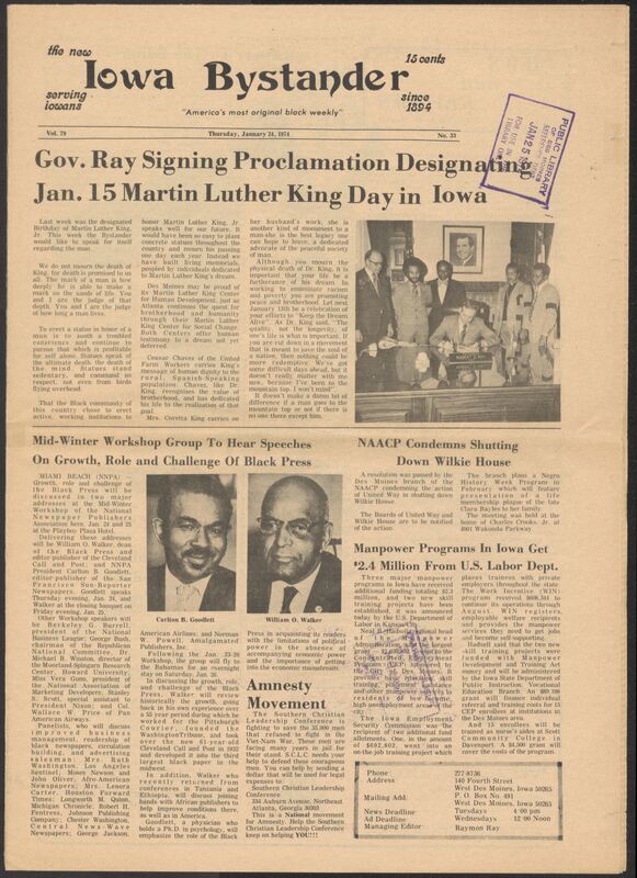 Iowa’s Bystander newspaper (going by various titles throughout the years) was established in Des Moines, Iowa in 1894. The weekly newspaper served as the voice of Iowa’s African American community and covered a variety of local, national, and occasionally international matters. Topics focused on the Black community and was founded with this intent. The newspaper went by various titles throughout the years including: Iowa State Bystander, Iowa Bystander, The Bystander, and The New Iowa Bystander.