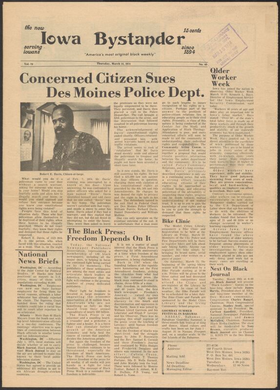 Iowa’s Bystander newspaper (going by various titles throughout the years) was established in Des Moines, Iowa in 1894. The weekly newspaper served as the voice of Iowa’s African American community and covered a variety of local, national, and occasionally international matters. Topics focused on the Black community and was founded with this intent. The newspaper went by various titles throughout the years including: Iowa State Bystander, Iowa Bystander, The Bystander, and The New Iowa Bystander.