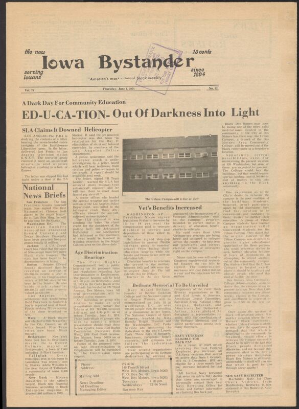 Iowa’s Bystander newspaper (going by various titles throughout the years) was established in Des Moines, Iowa in 1894. The weekly newspaper served as the voice of Iowa’s African American community and covered a variety of local, national, and occasionally international matters. Topics focused on the Black community and was founded with this intent. The newspaper went by various titles throughout the years including: Iowa State Bystander, Iowa Bystander, The Bystander, and The New Iowa Bystander.