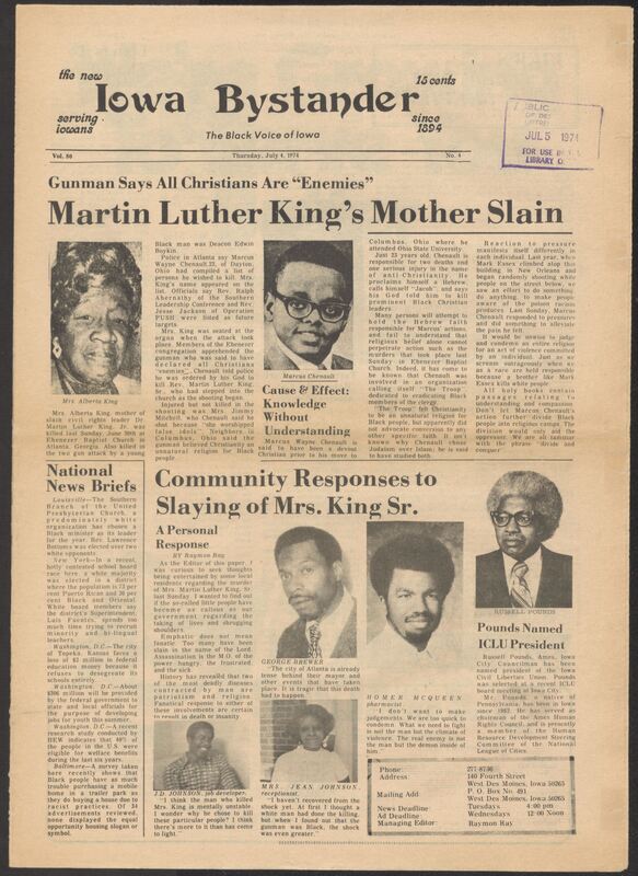 Iowa’s Bystander newspaper (going by various titles throughout the years) was established in Des Moines, Iowa in 1894. The weekly newspaper served as the voice of Iowa’s African American community and covered a variety of local, national, and occasionally international matters. Topics focused on the Black community and was founded with this intent. The newspaper went by various titles throughout the years including: Iowa State Bystander, Iowa Bystander, The Bystander, and The New Iowa Bystander.