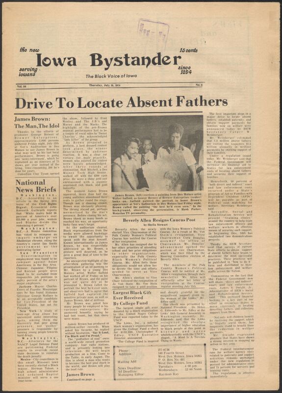 Iowa’s Bystander newspaper (going by various titles throughout the years) was established in Des Moines, Iowa in 1894. The weekly newspaper served as the voice of Iowa’s African American community and covered a variety of local, national, and occasionally international matters. Topics focused on the Black community and was founded with this intent. The newspaper went by various titles throughout the years including: Iowa State Bystander, Iowa Bystander, The Bystander, and The New Iowa Bystander.