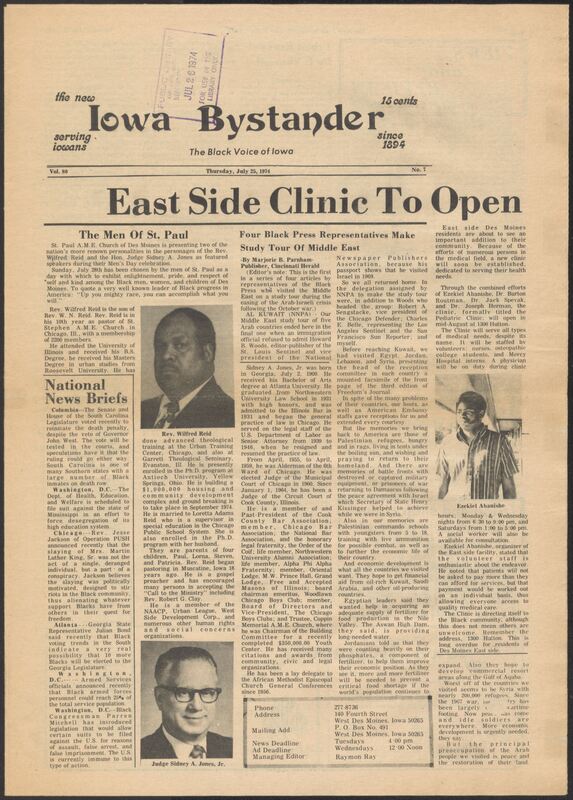 Iowa’s Bystander newspaper (going by various titles throughout the years) was established in Des Moines, Iowa in 1894. The weekly newspaper served as the voice of Iowa’s African American community and covered a variety of local, national, and occasionally international matters. Topics focused on the Black community and was founded with this intent. The newspaper went by various titles throughout the years including: Iowa State Bystander, Iowa Bystander, The Bystander, and The New Iowa Bystander.